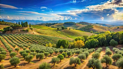 Naklejka premium Mediterranean landscape with rolling hills, olive trees, vineyards, and clear blue skies, Mediterranean, landscape, hills