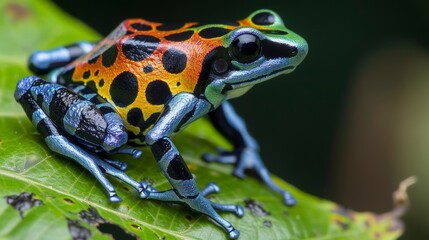 Obraz premium A close-up view of a colorful poison dart frog perched on a leaf, showcasing its vibrant warning coloration.