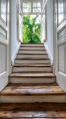 Fototapeta premium a staircase with wooden steps leading to a door
