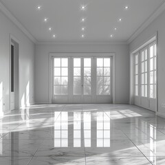 Fototapeta premium white marble floor in empty room with large windows