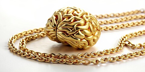 Fototapeta premium Golden brain necklace on a chain , gold, brain, jewelry, pendant, accessory, intelligence, neuroscience, mental health