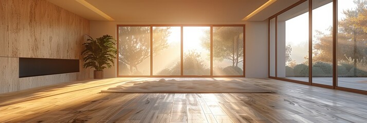 a large room with wood floors and a large window
