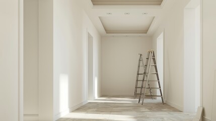 a white hallway with a ladder and a ladder