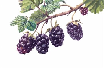 A juicy blackberry hangs from a thorny stem, surrounded by lush green leaves. The berry is ripe and ready to be picked.