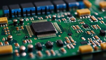 Obraz premium Electronic circuit board with electronic components such as chips close up Blurry background.