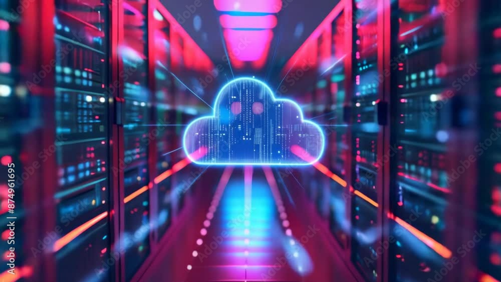 Poster 3d animation of a digital cloud in a data center.