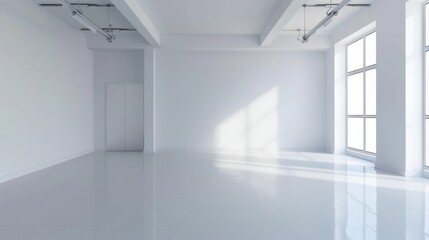 empty white room with large windows and white floors
