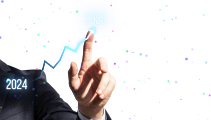 Businessman pointing at a digital growth chart with years 2024 to 2025, on a white background with colorful dots, concept of future planning