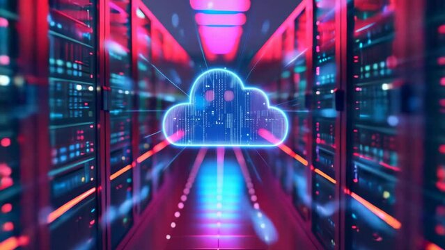 3d animation of a digital cloud in a data center.