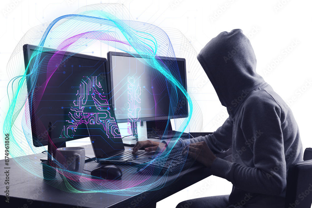 Aufkleber A person in a hoodie using a computer setup with abstract digital graphics overlay, on a white background, depicting cybersecurity concept