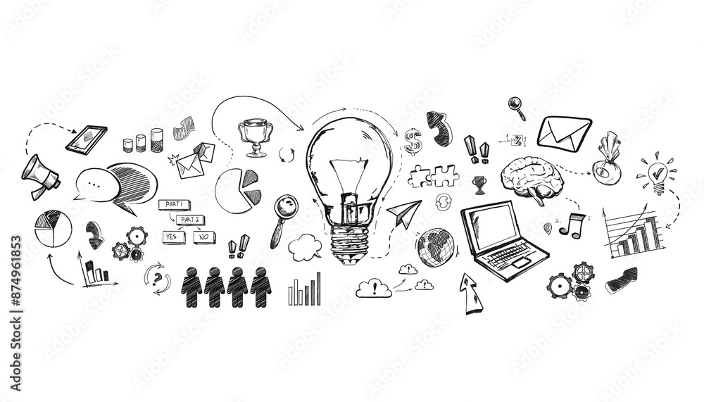 Poster various hand-drawn business and technology icons arranged around a lightbulb centerpiece on a white 