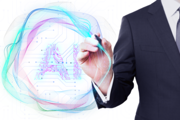 A person in a suit drawing futuristic lines and circuits, digital mixed media art, on a white background, concept of technology and innovation