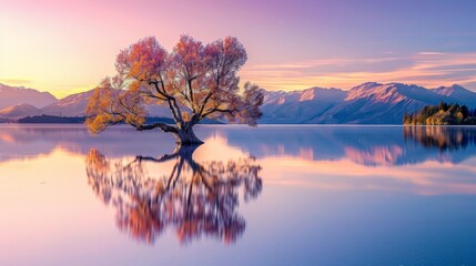 The Wanaka tree, bathed in the soft light of sunrise, stands as a silent sentinel in the lake, its reflection creating a perfect mirror image in the waters of Wanaka, New Zealand.