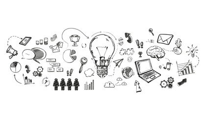 Various hand-drawn business and technology icons arranged around a lightbulb centerpiece on a white...