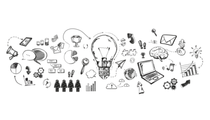 Various hand-drawn business and technology icons arranged around a lightbulb centerpiece on a white background, symbolizing creative ideas and brainstorming