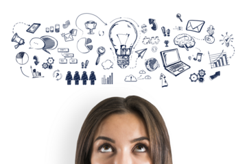 A woman looks upwards, thought bubbles with doodles above her head symbolizing ideas, on a white background, creative concept