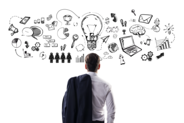 A businessman from behind looking at various hand-drawn business icons and symbols arranged in a circular pattern on a white background, concept of brainstorming