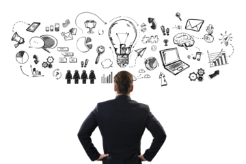 A businessman facing a whiteboard with creative doodles sketching ideas and innovation on white background