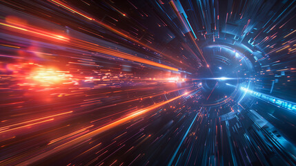 Obraz premium Travelling at lightspeed, light streaks zooming past. 