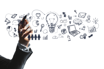 A hand drawing various business and technology symbols on a white background, illustrating creative ideas and brainstorming