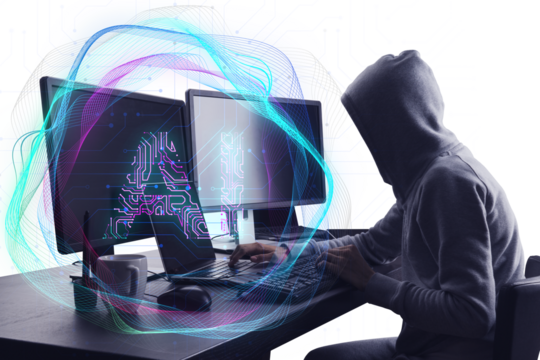 A person in a hoodie using a computer setup with abstract digital graphics overlay, on a white background, depicting cybersecurity concept