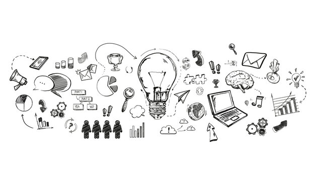 Various hand-drawn business and technology icons arranged around a lightbulb centerpiece on a white background, symbolizing creative ideas and brainstorming