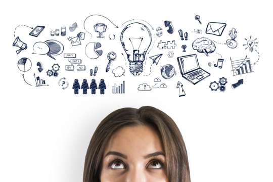 A woman looks upwards, thought bubbles with doodles above her head symbolizing ideas, on a white background, creative concept
