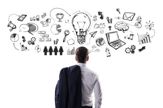 A businessman from behind looking at various hand-drawn business icons and symbols arranged in a circular pattern on a white background, concept of brainstorming - Powered by Adobe