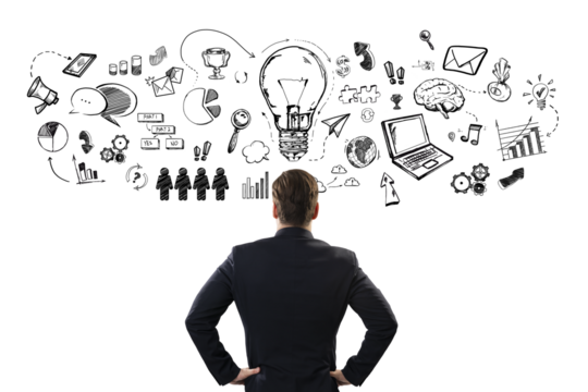 A businessman facing a whiteboard with creative doodles sketching ideas and innovation on white background
