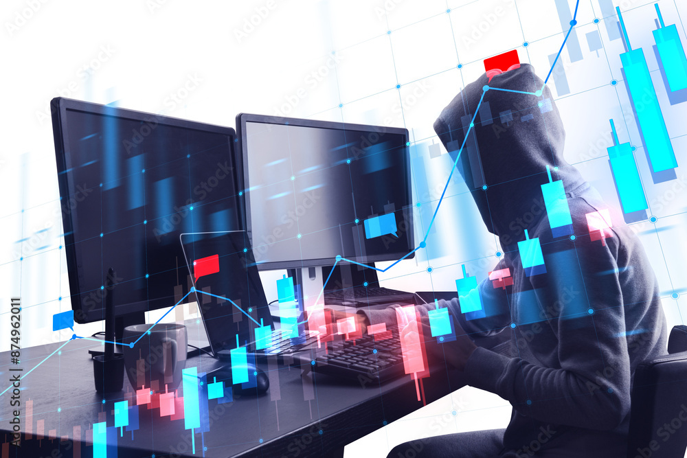 Poster A person with a hood typing on a keyboard with graphic overlays of stock market data and trends on a blue themed background, concept of cyber security