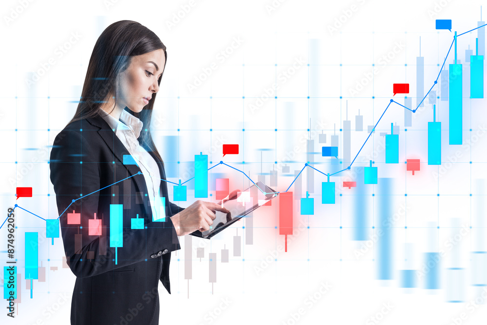 Poster a businesswoman analyzing financial data over a graph interface, with a blurred white background ind