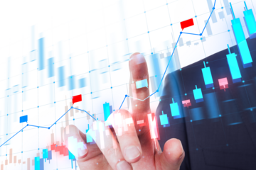 A hand interacting with digital stock market charts on a futuristic interface, against a white background, concept of financial analysis