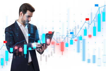 A businessman analyzing digital financial charts on a tablet, with graphical data overlay on white background, concept of market analysis