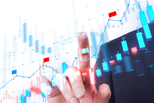 A hand interacting with digital stock market charts on a futuristic interface, against a white background, concept of financial analysis - Powered by Adobe
