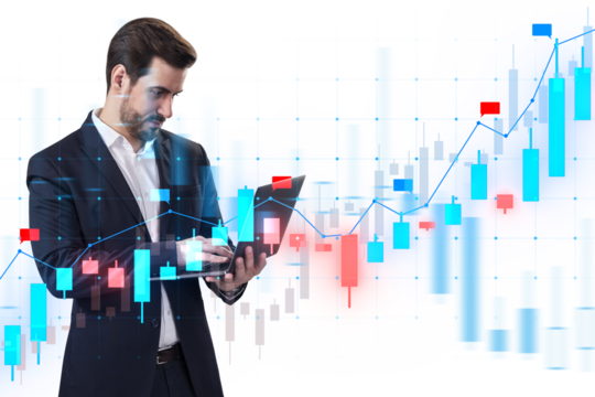 A businessman analyzing digital financial charts on a tablet, with graphical data overlay on white background, concept of market analysis
