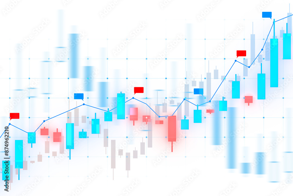 Poster Abstract stock market chart with blue and red bars, a line graph on a grid, representing financial data analysis. 3D Rendering