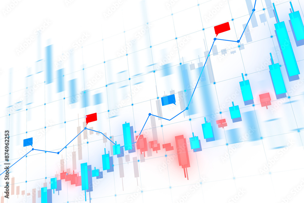 Poster An abstract financial chart with uptrend line graph, bar chart elements in red and blue colors on a grid background, concept of stock market analysis. 3D Rendering