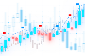 Abstract stock market chart with blue and red bars, a line graph on a grid, representing financial data analysis. 3D Rendering
