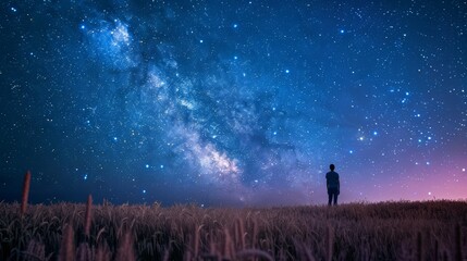 Fototapeta premium A dreamlike photo of a lone figure standing in a field of tall grass under a starry night sky