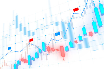An abstract financial chart with uptrend line graph, bar chart elements in red and blue colors on a grid background, concept of stock market analysis. 3D Rendering
