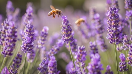 Naklejka premium A field of lavender in full bloom, with buzzing bees collecting pollen and the air filled with a fragrant aroma.