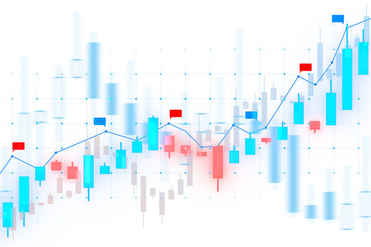 Abstract stock market chart with blue and red bars, a line graph on a grid, representing financial data analysis. 3D Rendering
