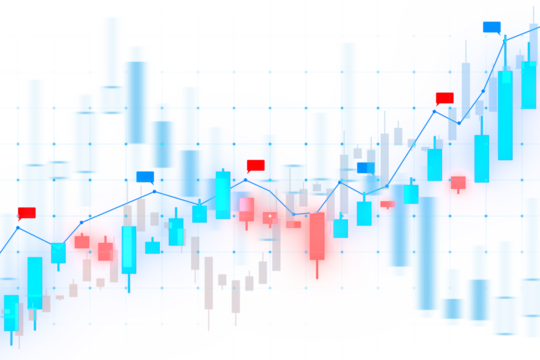 Abstract stock market chart with blue and red bars, a line graph on a grid, representing financial data analysis. 3D Rendering