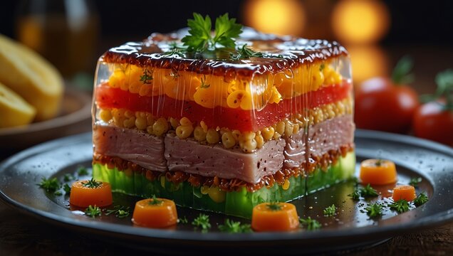 Aspic jellied meat with vegetables, traditional russian dish holodets.