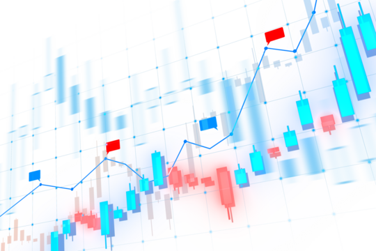 An abstract financial chart with uptrend line graph, bar chart elements in red and blue colors on a grid background, concept of stock market analysis. 3D Rendering