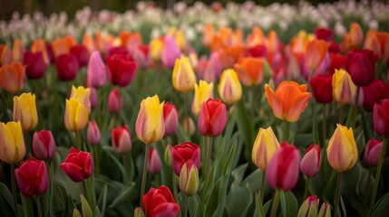 Obraz premium A field of tulips in full bloom, showcasing a variety of colors and creating a breathtaking spectacle.