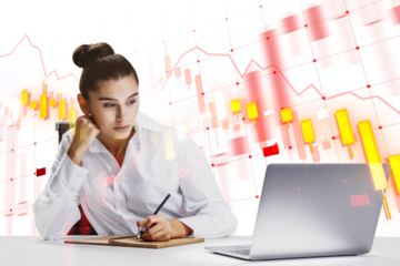 A professional woman analyzing financial data on her laptop with a superimposed stock market chart, white background, concept of business analysis