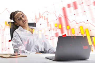 A person sleeping in an office chair with a laptop, overlay of financial graph on a white background, concept of stock market analysis