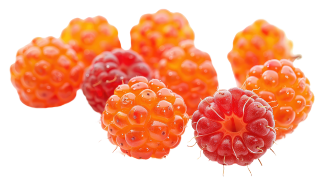 Fresh salmonberries isolated on white background, whole and close-up