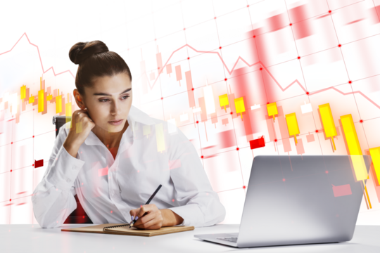 A professional woman analyzing financial data on her laptop with a superimposed stock market chart, white background, concept of business analysis
